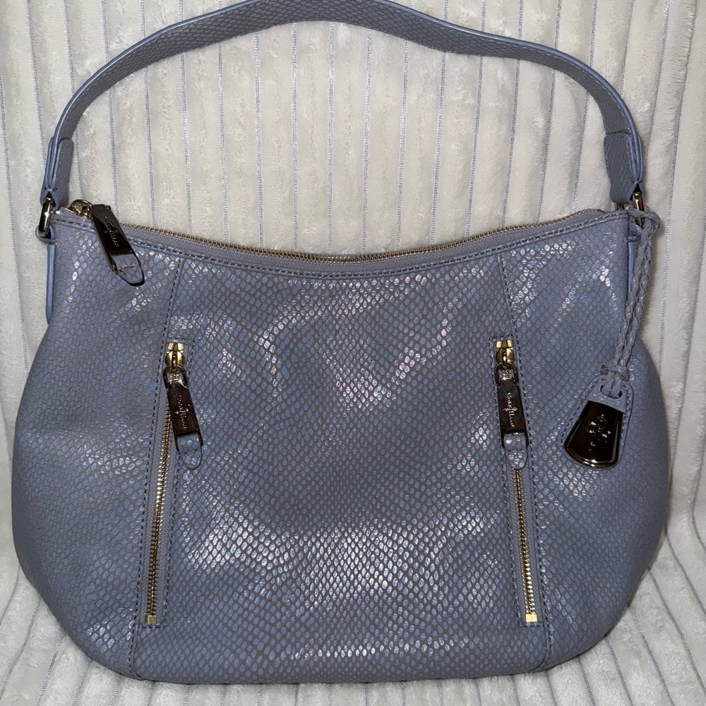 Cole Haan light blue and tan snakeskin shoulder bag